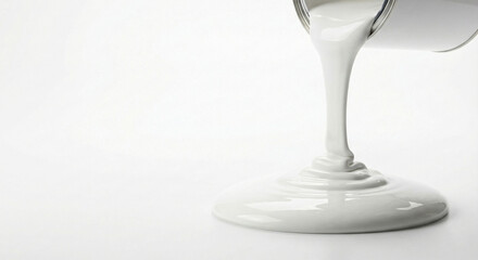 White paint pouring from metal can on white background