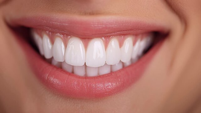 Close-up of a perfect white teeth smile, a healthy mouth, and beautiful skin on a woman's face. 