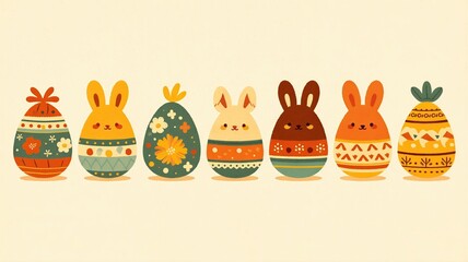 Six colorful decorated Easter eggs with bunny faces and floral patterns in a row. Flat lay illustration for spring holiday greeting card and celebration