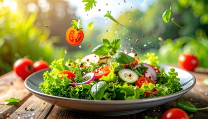 Vibrant Fresh Garden Salad Overflowing With Ripe Tomatoes Cucumbers And Greens In Sunlight