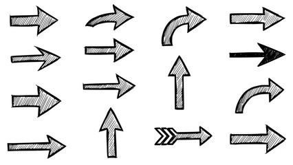 Collection of various hand drawn arrow icons illustrating direction, movement, navigation, selection, and different pathways in design.