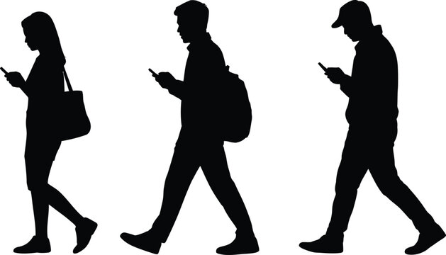 Three distinct silhouettes of people walking in profile while intently looking down at their personal mobile devices shows modern digital distraction.