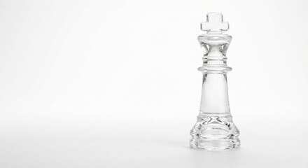 Elegant clear glass chess king piece on white background