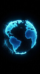 Glowing Blue Earth Globe with Digital Data Particles in Dark Space Background