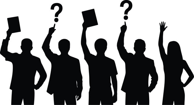 A dynamic group of five people raising hands with documents and question marks illustrates a lively debate, asking questions, or voting session.