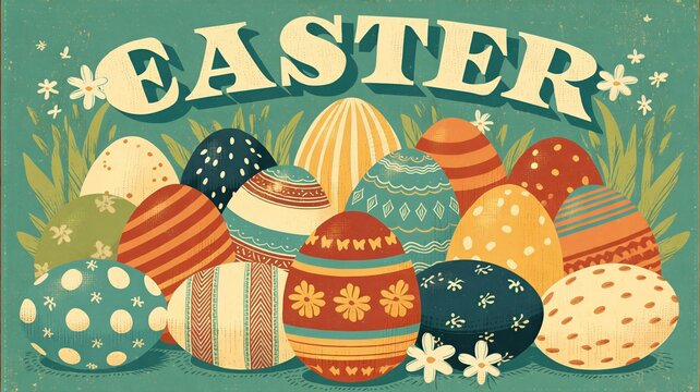 EASTER vintage poster design with colorful decorative eggs on a teal background and green grass. Easter holiday celebration concept for greeting card