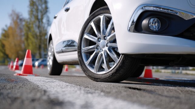 Medium shot of a compact car navigating a swerve and recovery course on a dry asphalt surface during daytime focused on the vehicles wheels and motion with background cones
