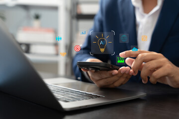Business professional using AI technology on smartphone with digital icons,representing artificial intelligence strategy,smart decision making,data analysis,fintech innovation, digital business growth