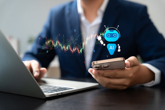 smart investing strategy concept,Fintech,AI robo advisor assisting investment planning with stock market chart and financial data on digital screen,showing automated portfolio management,risk analysis