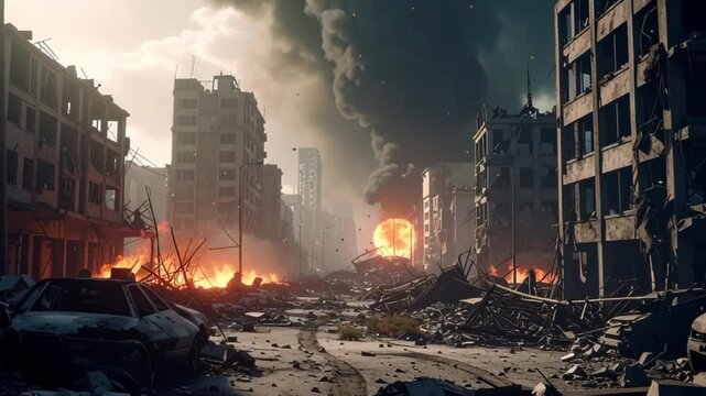 War-torn City Street with Massive Explosion and Burning Buildings Amidst Rubble and Debris