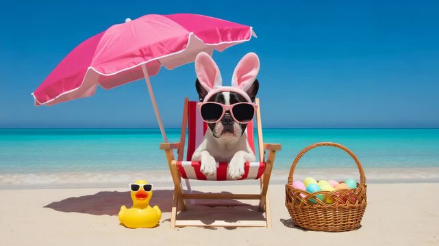 Playful dog in bunny ears and sunglasses on beach