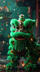 Vibrant Green Lion Dance Costume With Gold Accents And Confetti Falling During Celebration