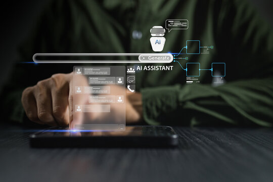 Artificial intelligence chatbot assistant in digital website aids content creation. Machine technology lets user get futuristic virtual service via online conversation innovation