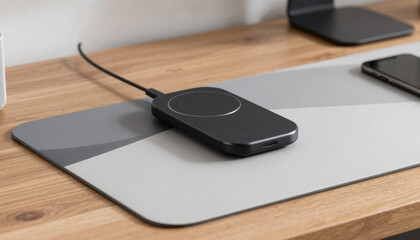 Wireless battery charging station for smartphones modern home office technology product minimalist environment close-up view efficient charging concept