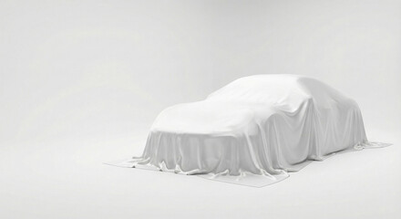 New car reveal with white cover in modern studio setting