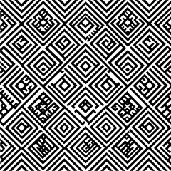 Black and white geometric pattern featuring concentric squares and angular abstract shapes repeating diagonally