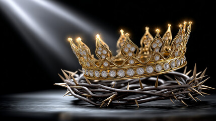 A golden crown, decorated with diamonds, lies on sharp thorn branches under a ray of light. an image of sacrifice, power and redemption. bible stories