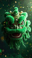 Vibrant Green Lion Dance Head Ornament With Gold Confetti And Smoke Amidst Dark Background