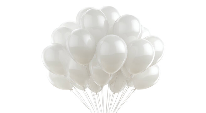 Rendered white balloons in a large cluster, all suspended by shiny silver strings