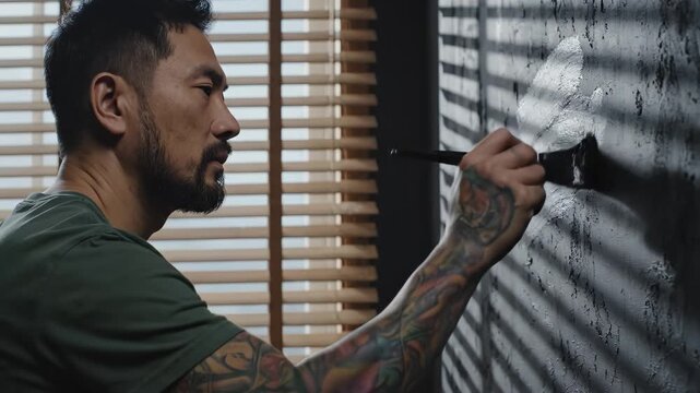 Man with tattoos painting wall