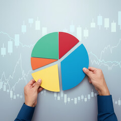 A person in business attire analyzing a colorful pie chart with graph background