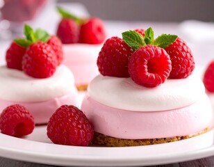 Three individual desserts with pink cream filling, topped with red berries and mint leaves, sitting on a white plate