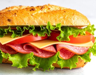 Mouthwatering salami sandwich with cheese, tomatoes, and lettuce on a seeded bun