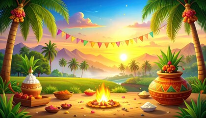 Vibrant Indian Village Celebration at Sunset with Palm Trees and Festive Decorations