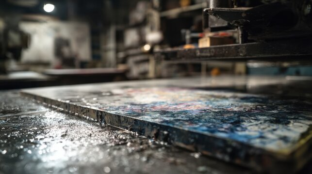 Intimate medium shot of a monoprint press room section highlighting spontaneous ink patterns on a glass plate paper waiting to be pressed background gently diffused.
