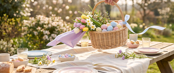 Easter basket with colorful eggs and spring flowers over a garden table. Festive outdoor brunch with pastel decorations and food. Spring holiday celebration banner
