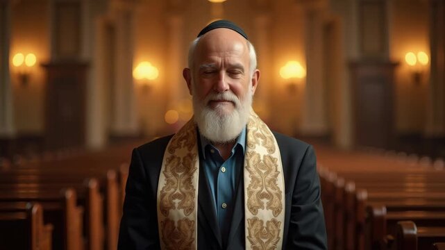 Portrait of a wise elderly Jewish rabbi with a white beard. A senior man wearing a kippah and tallit sits in a synagogue. Faith and spirituality concept