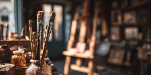 Art studio with paintbrushes in a glass jar