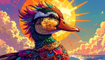 Digital illustration of a vividly colored waterfowl set against a sunrise and fluffy clouds, in a stylized art manner
