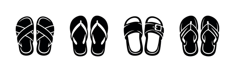 Summer footwear vector icons set: flat sandal and flip-flop symbols in black silhouette