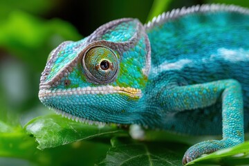 Obraz premium Close up of a vibrant blue chameleon on a leaf