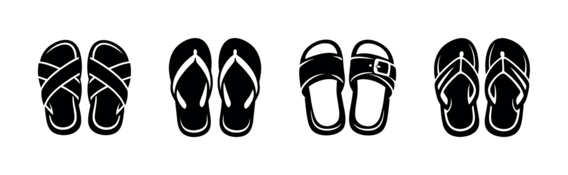 Summer footwear vector icons set: flat sandal and flip-flop symbols in black silhouette