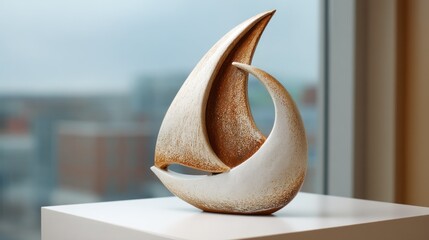 Sail-shaped ceramic sculpture on white elegant and abstract for upscale stock photos