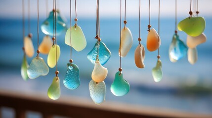 Seaglass windchime suspended in air peaceful and joyful for coastal home brands
