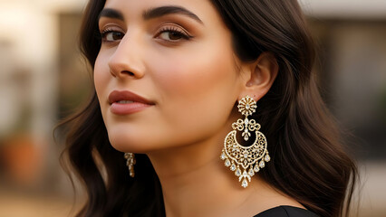 Young woman wearing elegant earrings with confident expression outdoors  