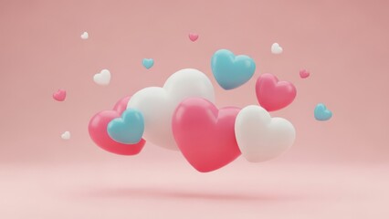 A beautiful cluster of pink, white, and blue 3d hearts floating on a soft pink background