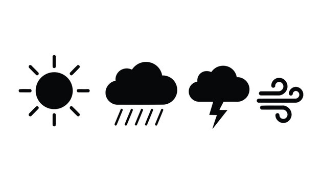 Weather Silhouette Icons Vector, Sun, Cloud, Rain, Thunder, Wind EPS