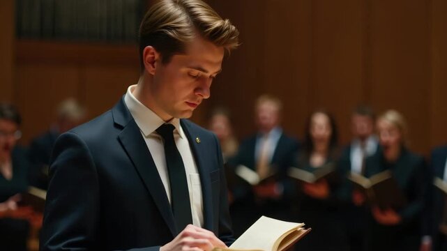 A young male choir singer focuses on his songbook during a performance. Man in a formal suit reads sheet music on stage. Classical music and dedication concept