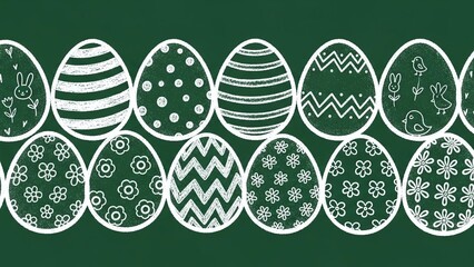 Cute Hand Drawn Easter Eggs Horizontal Seamless Pattern in White Chalk on Dark Green Background
