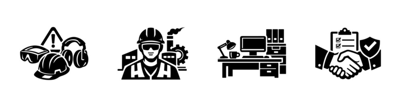 Industrial safety vector icons set: worker, equipment, office, checklist essentials
