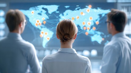 Three professionals are gathered observing and analyzing a large interactive digital screen displaying a world map with glowing location markers and interconnected data lines