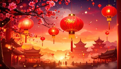 Vibrant Red Lanterns Illuminate Traditional Asian Architecture at Sunset Festive Atmosphere