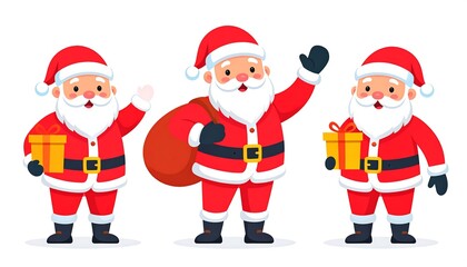 Three jolly, cartoonish figures in red suits and hats, white beards, black gloves, and boots; one carries a sack, others gifts