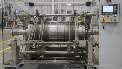Medium shot showing drumfatigue testing machinery applying rotational forces on cords to simulate extended wear and endurance in industrial conditions.