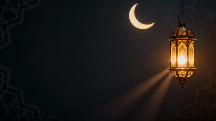 Traditional Arabic Lantern with Warm Glow and Crescent Moon Background for Ramadan Kareem and Eid Mubarak Concept