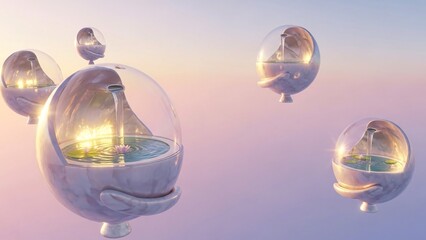 Surreal futuristic glass orbs with glowing water lilies float in pastel sky